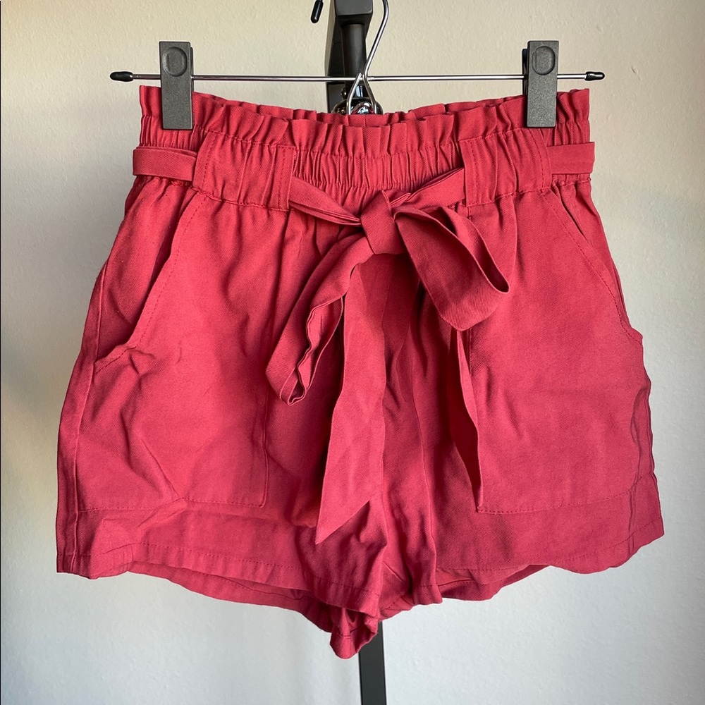 Kittenish Red Paper-bag High-Waisted Shorts with Bow Tie